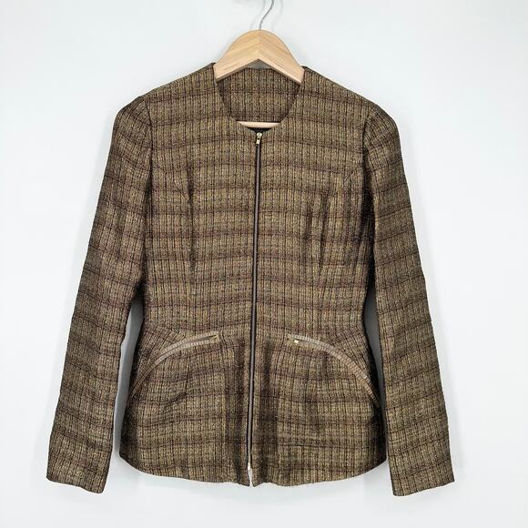 Theyskens’ Theory Jelsor Blazer Plaid Metallic Gold Zip Jacket - Picture 3 of 16